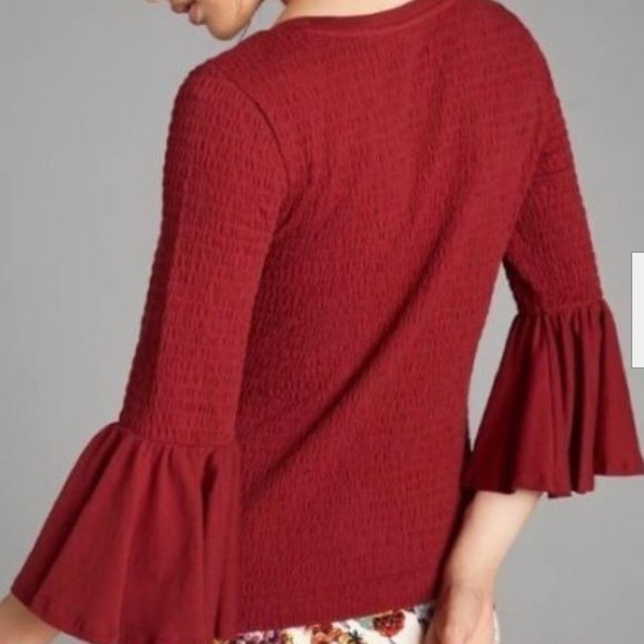 Anthropologie  Dark Red Smocked Bell-Sleeve Top Size M - Picture 2 of 9